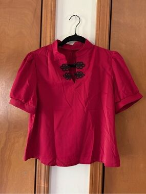 SHEIN Red Short-Sleeve Mandarin Collar Top with Black Frog Closures